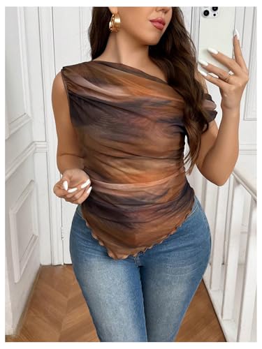 WDIRARA Women's Plus Size One Shoulder Tee Tie Dye Sheer Mesh Tops Ruched Asymmetrical T Shirt4