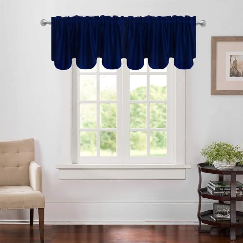 Aquazolax Navy Blue Valance Curtains for Living Room/Bedroom Small Blackout Farmhouse Window Treatment Rod Pocket Scalloped Valances Set, 52 by 18 inch