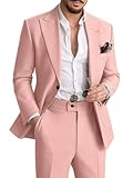 Men's Linen Suit Casual 2 Piece Suit Men Summer Wedding Groom Tuxedo Suit Lightweight Blazer Pants Set Pink Small