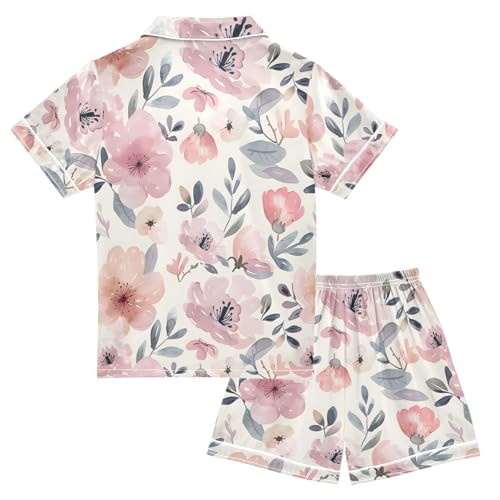 ALAZA Sweet Flower Watercolor Leaves Pajamas Satin Pajama Set Short Sleeve Button Down Sleepwear2