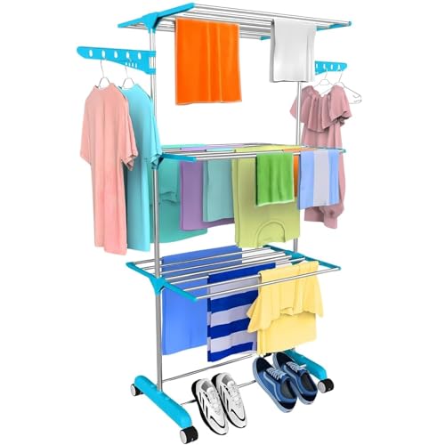 Image of H Houseware Single Pole Stainless Steel 3 Tier Cloth Drying Stand with Wheels | Lightweight Clothes Dryer & Laundry Rack | 43.2D x 78.7W x 165H cm | Rustproof & Portable (White) (Blue)
