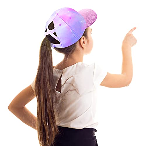 Girls Glitter Baseball Cap Criss Cross Hat, Girl High Ponytail Hat - Kids Trucker Hat With High Bun Messy Ponytail(Ages5-15) #TOP2