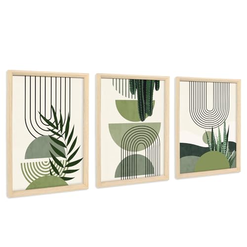 3Pcs Foglia Botanica Stampa su Tela Con Cornice Linea Geometrica
