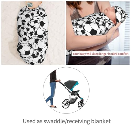 Image of Soccer Balls White Newborn Swaddle Blanket with Beanie Set Soft Baby Sack Stretch Adjustable Swaddle Wraps Receiving Blankets