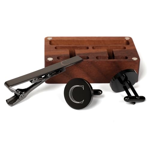 Image of Mens Initial Cufflinks and Tie Clip A-Z Alphabet Letter Black Stainless Cuff Links Tie Bar with Engraved Walnut Wood Box Groom Groomsman Wedding Set