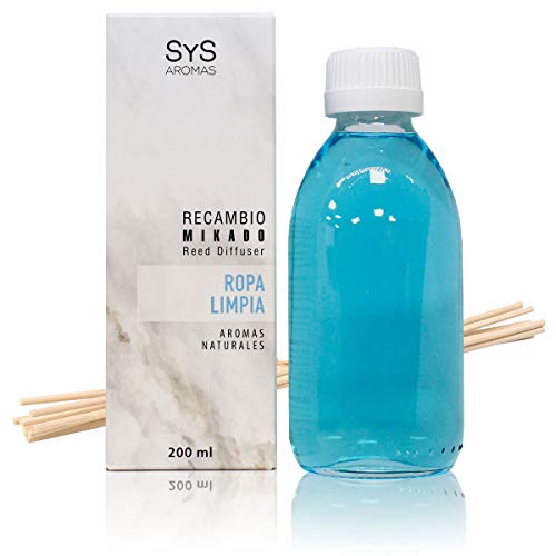 SYS Aromas Ambientador Recambio Mikado Ropa Limpia - Aroma Fresco y Limpio - Recarga para Difusor con Varillas - Larga Duración - Ideal para Hogar, Oficina, Baño - 200 ml con 8 Varillas SYS Aromas Ambientador Recambio Mikado Ropa Limpia - Aroma Fresco y Limpio - Recarga para Difusor con Varillas - Larga Duración - Ideal para Hogar, Oficina, Baño - 200 ml con 8 Varillas