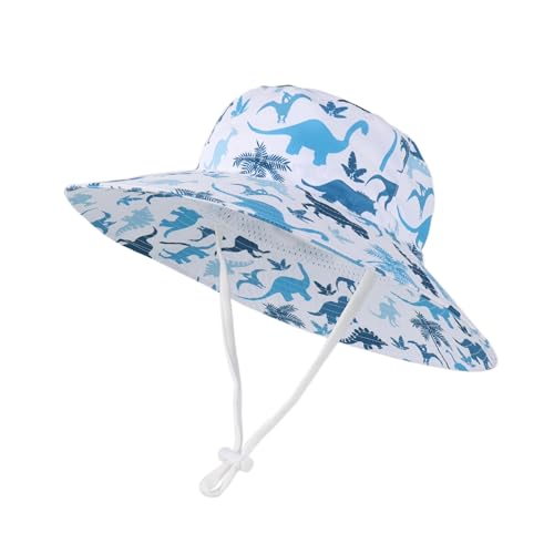 LANGZHEN Sun Protection Hat for Kids Toddler Boys Girls Wide Brim Summer Outdoor hat Cotton Baby Bucket Hat with Chin Strap(Colorful Dinosaur Blue Leaves)