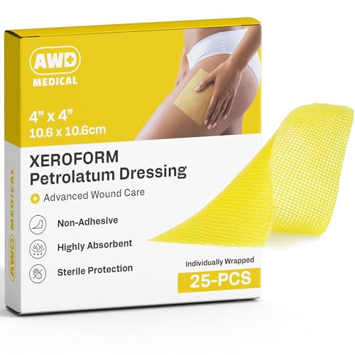 AWD Medical 4x4 Xeroform Petrolatum Dressing Non-Adherent Sterile Mesh Gauze for Burns Skin Grafts Surgical Wounds & Lacerations Individually Wrapped (25 Count)