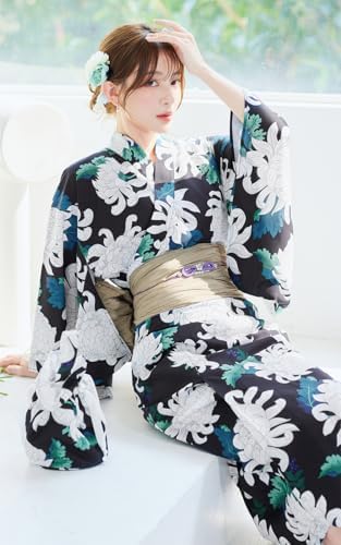 [Malymoon] 浴衣 ワンピース 2way サマーリーフ 黒 花柄 花 白 衣装 仮装 マリームーン 4点セット YK2510319 詳細画像2