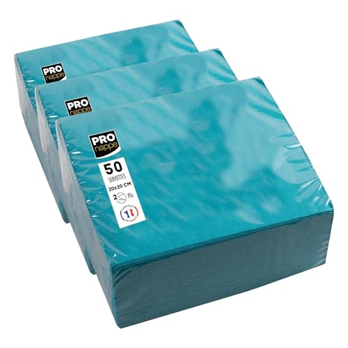 PRONAPPE - Réf. SV622028I - 50 Serviettes cocktail 20x20 cm - Papier micro-gaufré - ouate 2 plis - Turquoise (Lot de 3)