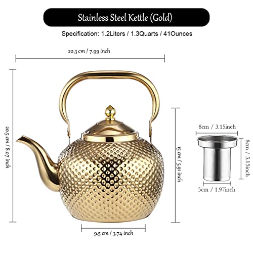 Stove Top Whistle Teapot, Small Teapot, Mini Teapot, Food Grade Stainless Steel Kettle With Anti-Scald Ergonomic Handle And Tea Strainer, Mirror Polished Hammer Craft, 1.27 Quart, Gold, 1.2L #TOP1