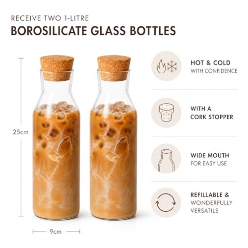 Eden & Willow Set of 2 Borosilicate Glass Carafes, 1L Water Jug with Cork Lid for Hot & Cold Beverages, Refillable Storage for Detergents & Juices - Image 2