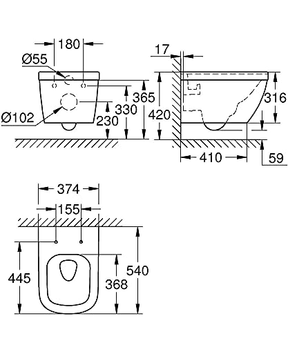GROHE Euro Keramik - Wand-Tiefspül-WC (antibakterielle Oberfläche, inkl. Befestigungsset, Spülmenge 3/5 l, spülrandlos), alpinweiß, 3932800H – Bild 3