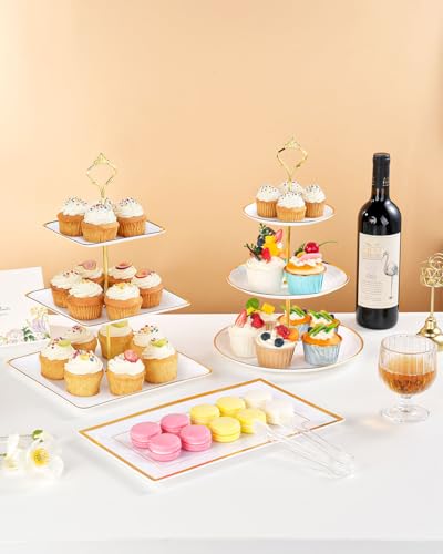 Lzerking 13pcs Dessert Table Display Set, 6 3-Tiered Cupcake Stands (3round & 3square) with 4 Trays & 3 Tongs, White Gold Plastic for Wedding, Tea Party, Baby Shower Decor, Birthday Party Decoration - Image 3