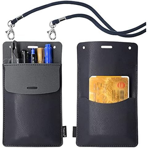 Tintris Pocket Protector, 3 Pack Leather Pen Pencil Holder Pouch Organizer for Men Pocket Shirt Lab Coat Small Tools, Designed with a Lanyard & an Extra Back Pocket, Thick PU Leather, Navy Cover