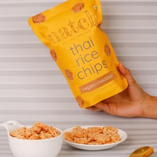 Image of Natch Thai Sticky Rice Chips pack, healthy Sanks 100% Natural, Vegan & Gluten Free, Low Calorie Chips for Adults & Kids, 100g, Vegan Cheddar