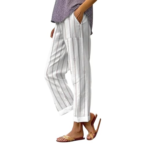 Pantalones de mujer 7/8 cómodos ligeros casuales de algodón pantalones con bolsillos pierna ancha pantalones rectos cómodos de verano anchos lino cintura alta elegantes elástico ropa playa vacaciones