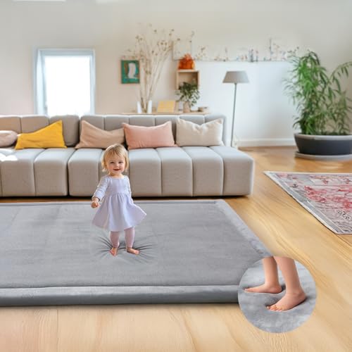 Image of Mallify Ultra Soft 1.3" Thick Baby Play Mat for Floor, Large Velvet 71"x59" Playpen Mat, Baby-Safe & Non-Slip Tummy Time Mat, Crawling Mat for Babies, Toddlers, Infants, Kids, Easy Care, Gray