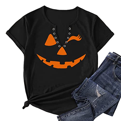 MAIHUN Halloween Pumpkin Face Shirts for Women Hocus Pocus Shirt Funny Pumpkin Tee Tops4
