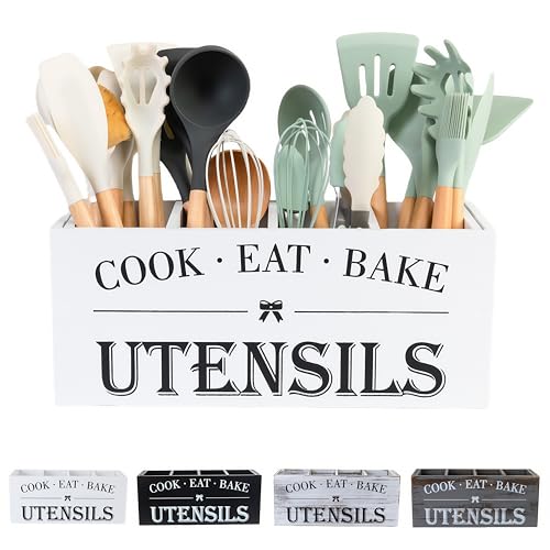 Utensil Holder,Extra Large Wooden Utensil Holder For Kitchen Counter,Cooking Spatula Organizer,Big Storage Caddy With 4 Compartments Flatware Spoon Tool Cutlery(White)