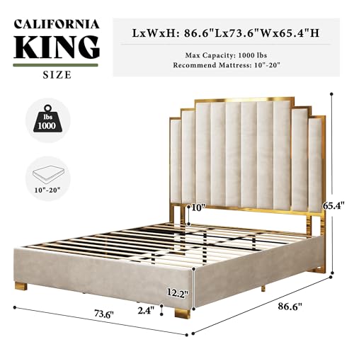 Image of AMERLIFE California King Size Upholstered Bed, Modern Velvet Bed Frame with 65.4 inch Tall Gold Trim Headboard, No Box Spring Needed, Cream