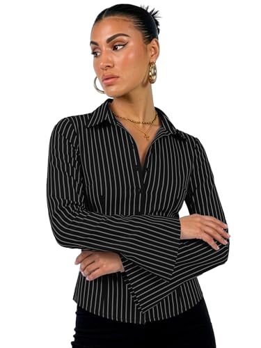 Image of Aahwan Striped Button Down Flared Bell Long Sleeve Casual Shirt for Women's & Girl's