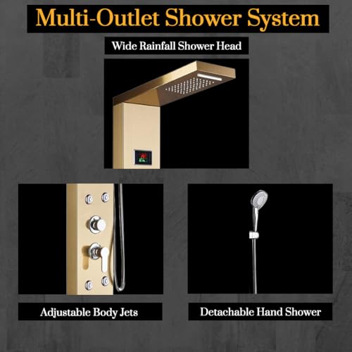 Image of ZAP X9 Gold Shower Panel System with LED Temperature Display | Rainfall Top Shower, Hand Shower, Body Massage Jets & Bucket Filler | Multi-Function Stainless Steel Bathroom Shower Unit