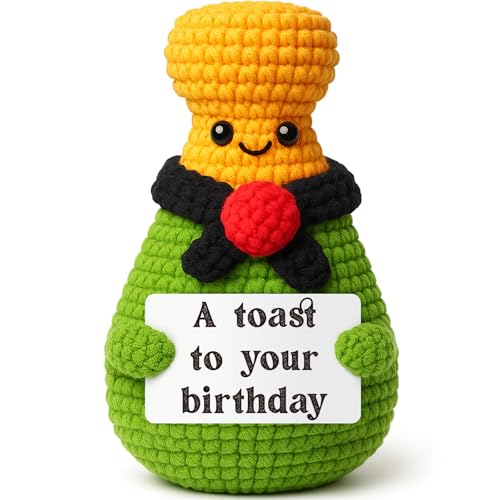 Xinezaa Funny Champagne Birthday Gifts Men Women, Happy Birthday Gifts for Him Friend Coworker Coach Boss, Handmade Crochet Inspirational Birthday Decoration with Card Message for Teen Kids Present