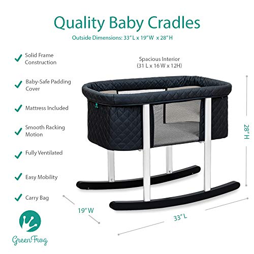 Green Frog Bassinet/Cradle | Gentle Rocking | Mesh Windows | Infant Safe Mattress | Hidden Wheels for Easy Movement | Washable | Lightweight and Transportable (Black (Diamond)) - Thumbnail 5