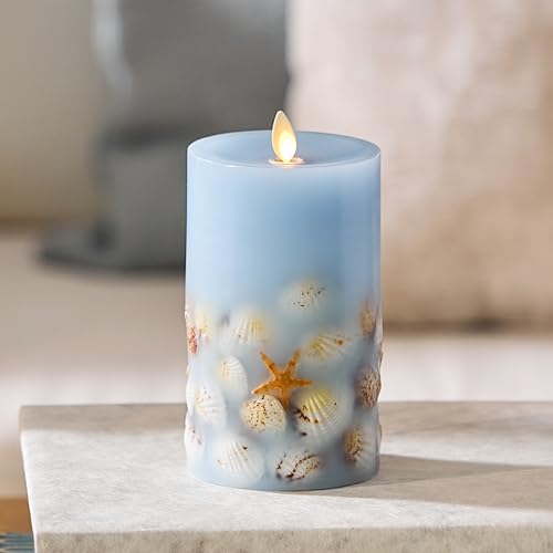 Image of Luminara Flameless LED Candle Soft Chambray Embedded Seashell & Starfish Moving Flame Pillar Unscented Real Wax with Recessed Edge (6.5-inch)