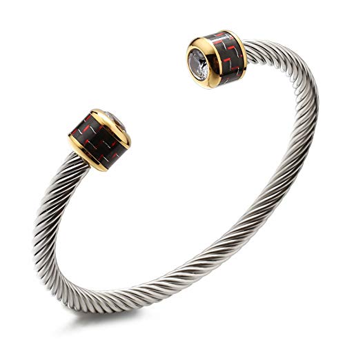 HX SHARE Twisted Cable Bracelets for Women, Adjustable Stainless Steel Wire Composite Cuff Bracelet Carbon Fiber Bangle, Elegant Antique Jewelry for Women, Men?Teens, Ideal Gifts (Black+red)