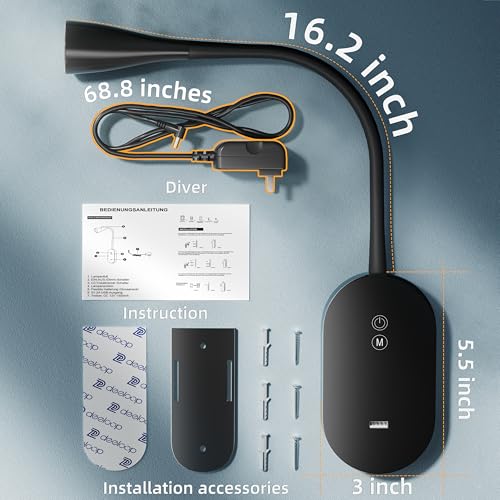 Image of deeloop LED Wall Mount Reading Lamp, CRI 95+ Wall Sconce Light with 10W USB Output,4 Color 5 Dimming Touch Control Wall Lamps with 4 Hours Auto-Off Bed Lighting Spotlight Black