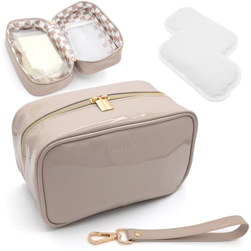 Image of Breast Milk Cooler Travel Bag - Waterproof Breastmilk Storage Bag Cooler w/Ice Pack, Checkerboard Interior, Leather Strap, & More – Versatile Insulated Cooler Bag - Ideal Baby Travel Essentials (Nude)