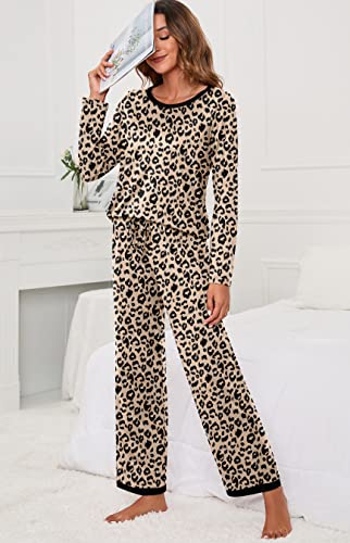 Prinstory 2023 Women's Pajama Set Long Sleeve Sleepwear Ladies Soft Pjs Lounge Set Fp-Leopard Beige-Large #TOP1