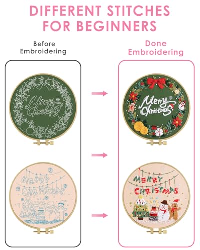 Image of TINDTOP Christmas Embroidery Kit for Adult, Embroidery Kit for Beginners | Include Embroidery Cloth Hoops Threads for Craft Lover Hand Stitch with Embroidery Skill Techniques