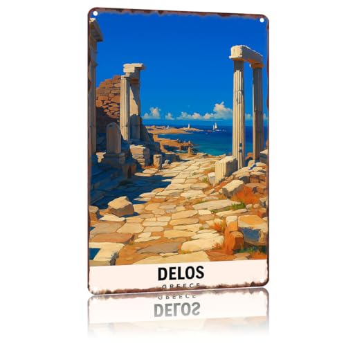 UTINDK Delos, Greece - Historic Island Vintage Poster Home Decor Countries City Attraction Travel Scenery,For Living Room, Bedroom, Office, Restaurant,Metal Sign Wall Art 8 X 12 Inch