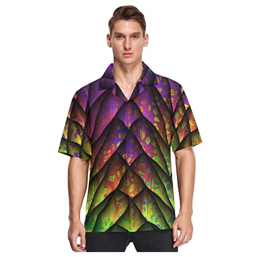 visesunny Mens Casual Button Down Short Sleeve Hawaiian Shirt Suits Colorful Dragon Scale 3D Print Pattern Aloha Shirt