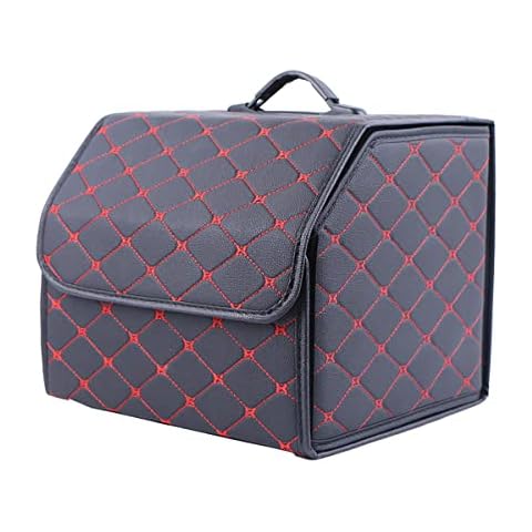 jweemax Folding Car Trunk Organizer, Foldable Car Storage Box, Large Capacity Trunk Organizer Bag with Handle Black and Red Cover