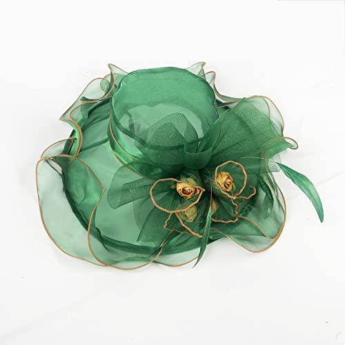 Paotit Womens Organza Church Derby Hat Flower Fascinator Wedding Tea Party Hat Wide Brim Sun Hat 012-Green #TOP5