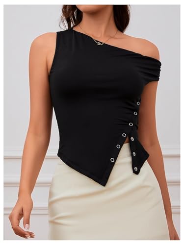 Milumia Women's Off One Shoulder Tank Top Asymmetrical Button Hem Going Out Tee Shirts4