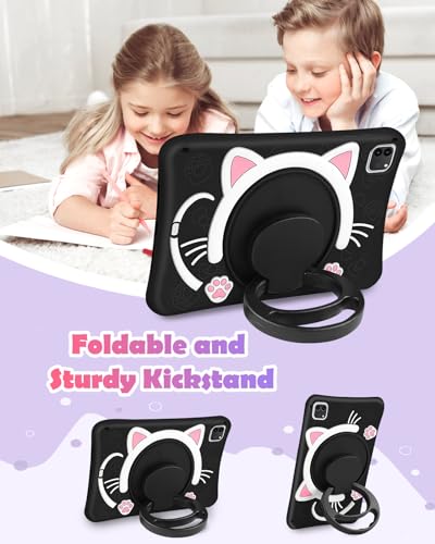 for iPad Air 5th/4th Generation 10.9"/Pro 11" Case - Cute Black Cat Soft Silicone Girls Teens Women Cartoon Kitten Tablet Cover with Rotating Handle Stand & Strap Air 5th/4th Gen Funda