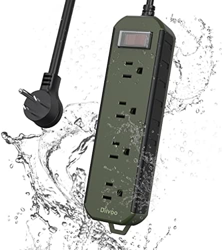 Outdoor Power Strip Weatherproof, Diivoo Waterproof Surge Protector with 4 Outlets, 6.5 FT Extension Cord, Overload Protection, Shockproof and Flat Plug, Wall Mountable