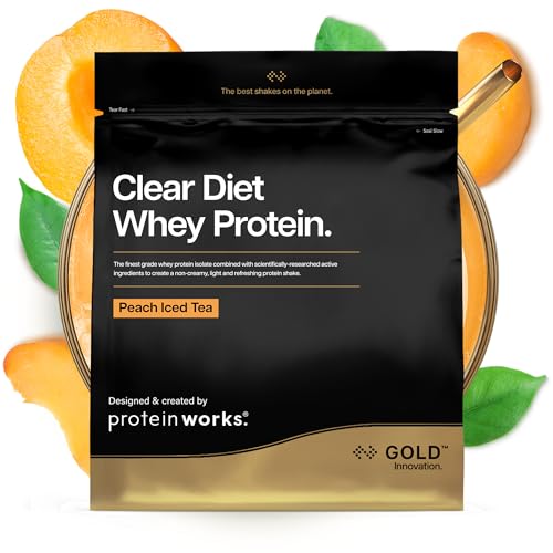 Protein Works   Clear Diet Proteína de suero de leche en polvo, té helado de melocotón, 40 batidos, bebida refrescante alta en proteínas, 1 kg