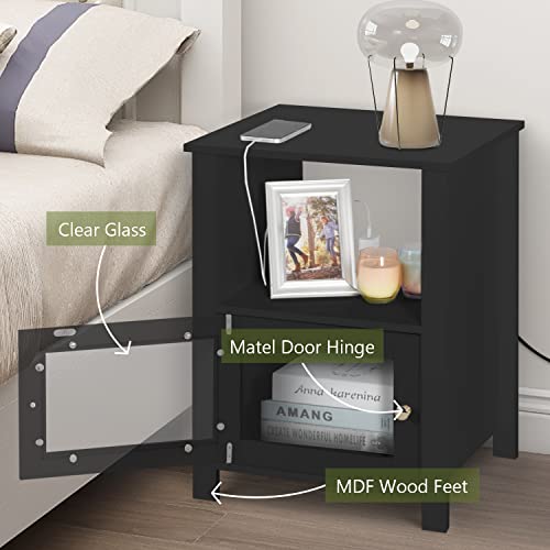 Lynslim Nightstands With Charging Station, Set Of 2 Night Stand With Usb Ports & Power Outlets, Black Bedside Table With Glass Door, For Bedroom Storage #TOP6
