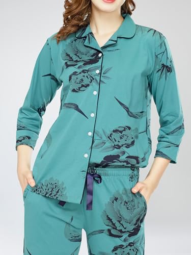 Image of ZEYO Night Suit for Women's Floral Printed Cotton Night Dress of Shirt and Pajama Set 5760