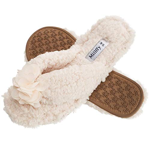 Millffy Plush Cozy Faux Shearling Thong Slide On Sherpa Womens Flip-Flops Slippers with Flowers (US 7-8, Floral White)