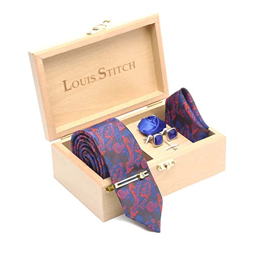 Image of LOUIS STITCH Mens Silk NeckTie Golden Tiepin Gift Combo Set With Pocket Square Cufflinks Brooch Tie Golden Tiepin (Suit Accessories) (Britain)