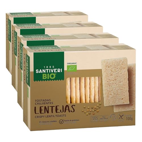SANTIVERI - Tostadas de Lenteja Bio, Tostadas Ecológicas, Crujientes y Ricas en Proteínas, Sin Azúcares Añadidos, Sin Gluten, Vegano - 100 g (Paquete de 4)
