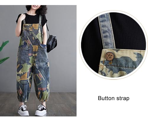 JRPNMOIYUA Macacão Jeans Feminino Solto Casual com Fundo Elástico Calça Harém Estampada Vintage com