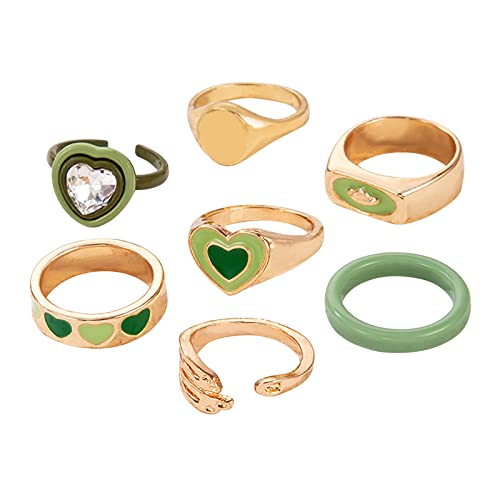 Bague en résine à 7 pièces avec motif de cœur et fleur verte en forme de cœur, Vert armée., taille unique